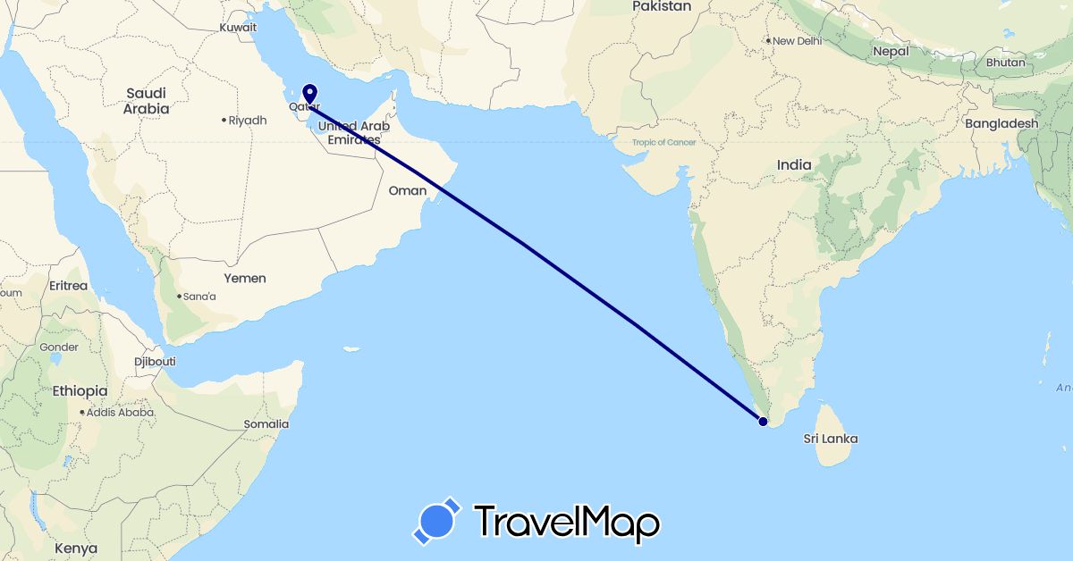 TravelMap itinerary: driving in India, Qatar (Asia)